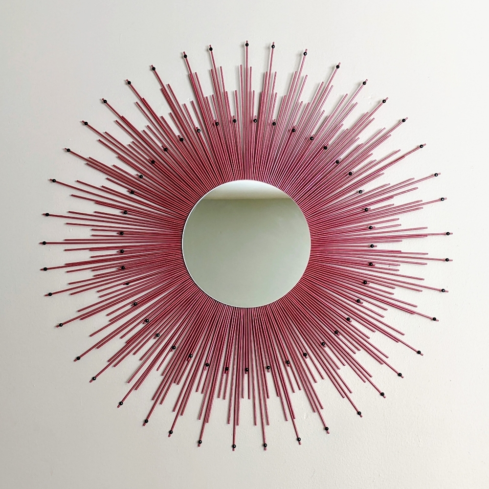 Large 35" Red Sunburst Mirror with Black Gems Decorative Wall Mirror